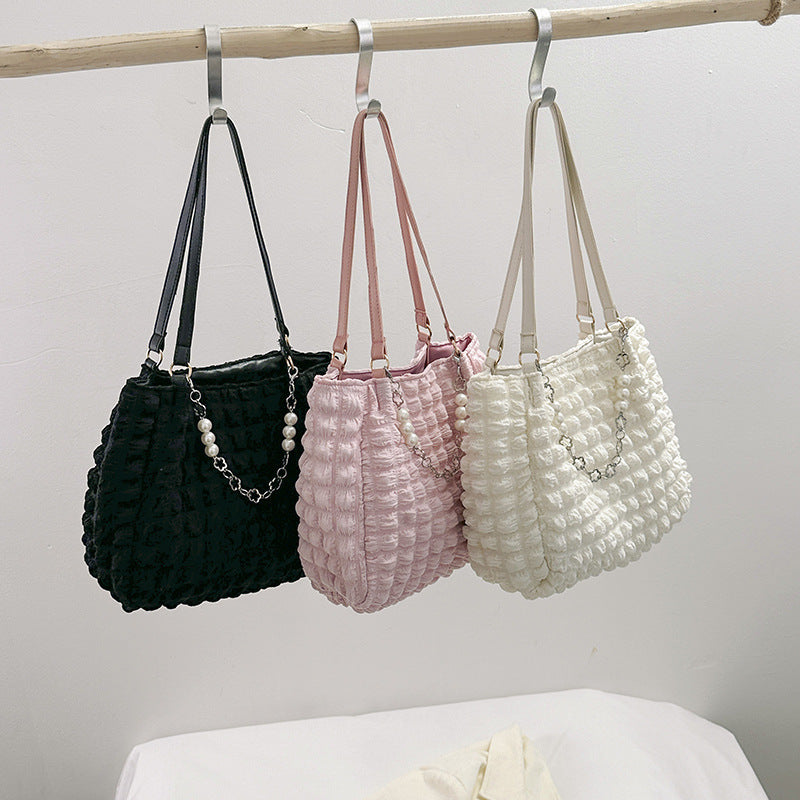 Pleated-Pearl-Chain Tote-Bag