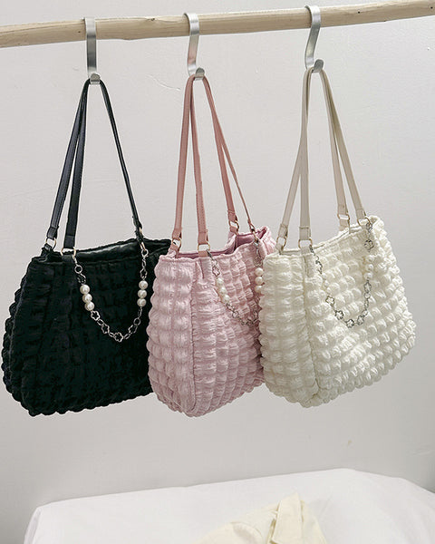 Pleated-Pearl-Chain Tote-Bag