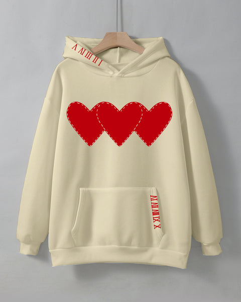 Women's Brushed Hoody Heart Shape Printed Drawstring Hoodie - VibeSoothe