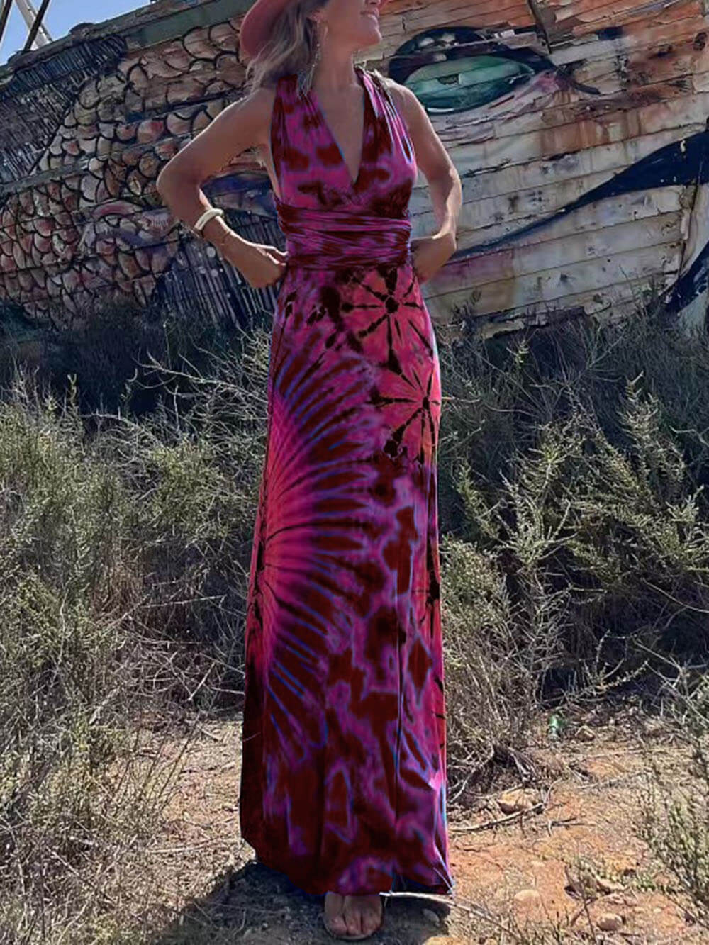 Aurora - Printed Sleeveless V-Neck Maxi Dress - VibeSoothe