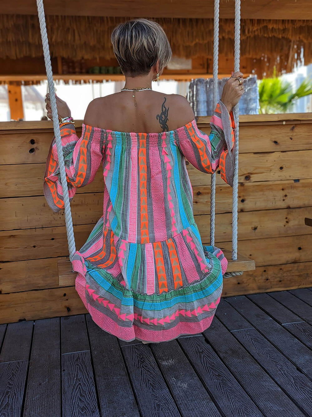 Fiesta - Ethnic Print Off Shoulder Loose Mini Dress - VibeSoothe