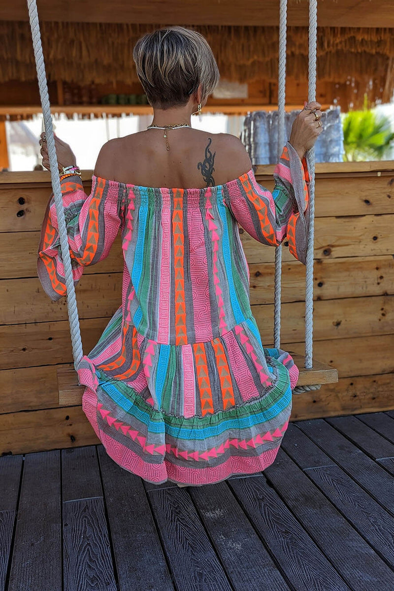 Fiesta - Ethnic Print Off Shoulder Loose Mini Dress - VibeSoothe