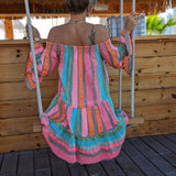 Fiesta - Ethnic Print Off Shoulder Loose Mini Dress - VibeSoothe