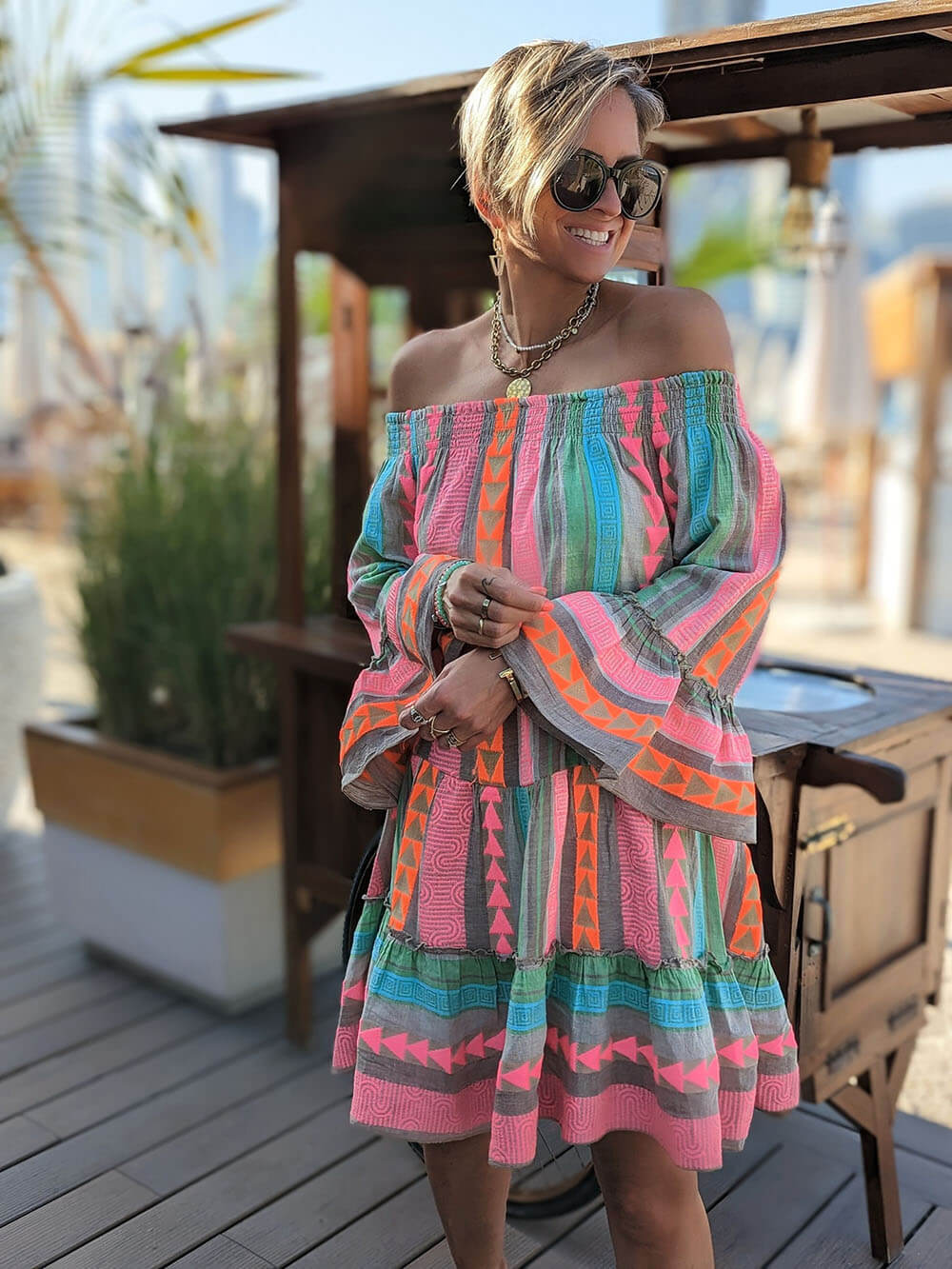 Fiesta - Ethnic Print Off Shoulder Loose Mini Dress - VibeSoothe