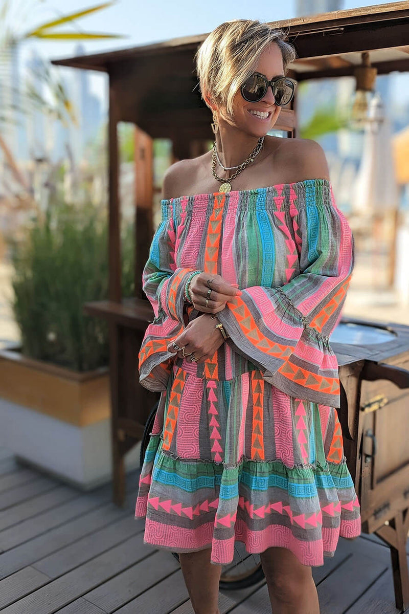 Fiesta - Ethnic Print Off Shoulder Loose Mini Dress - VibeSoothe