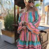 Fiesta - Ethnic Print Off Shoulder Loose Mini Dress - VibeSoothe