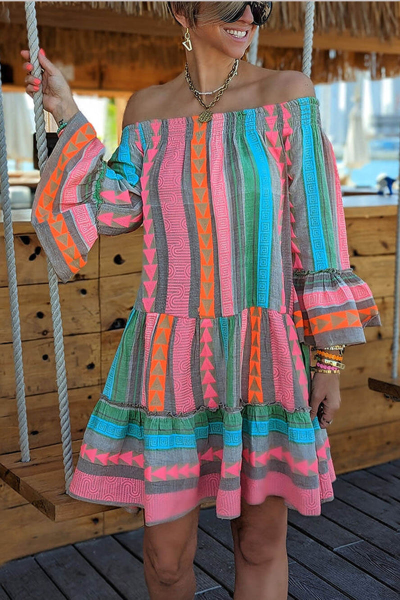 Fiesta - Ethnic Print Off Shoulder Loose Mini Dress - VibeSoothe