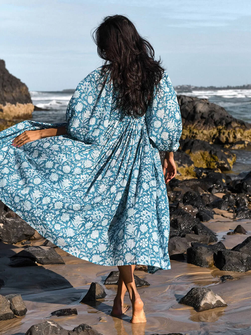 Azure Bloom - Floral Balloon Sleeve Midi Dress - VibeSoothe