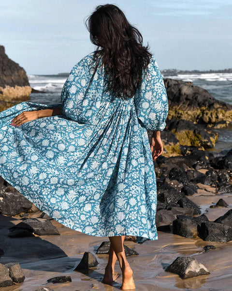 Azure Bloom - Floral Balloon Sleeve Midi Dress - VibeSoothe