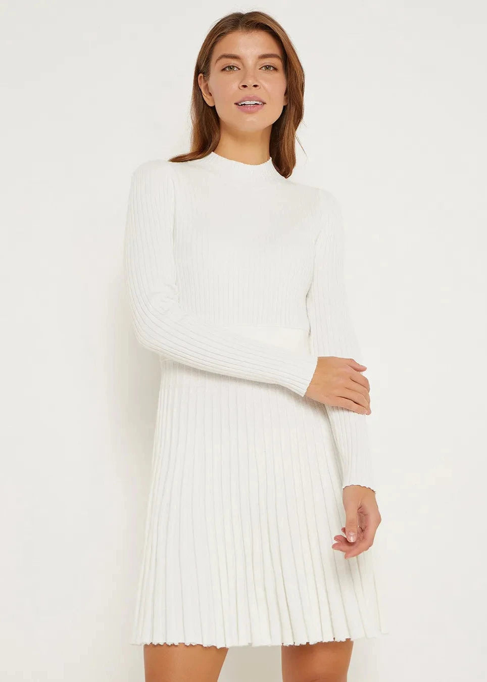 Elegant Ribbed Pleated Knit Dress - Half Turtleneck Long Sleeve