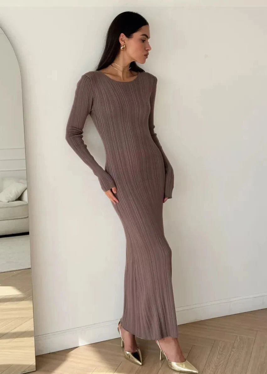 Elegant Ribbed Knit Long Sleeve Dress