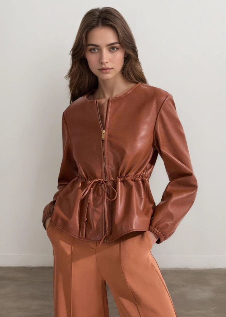 Sorelle - Cognac Faux Leather Zip Jacket with Drawstring Waist