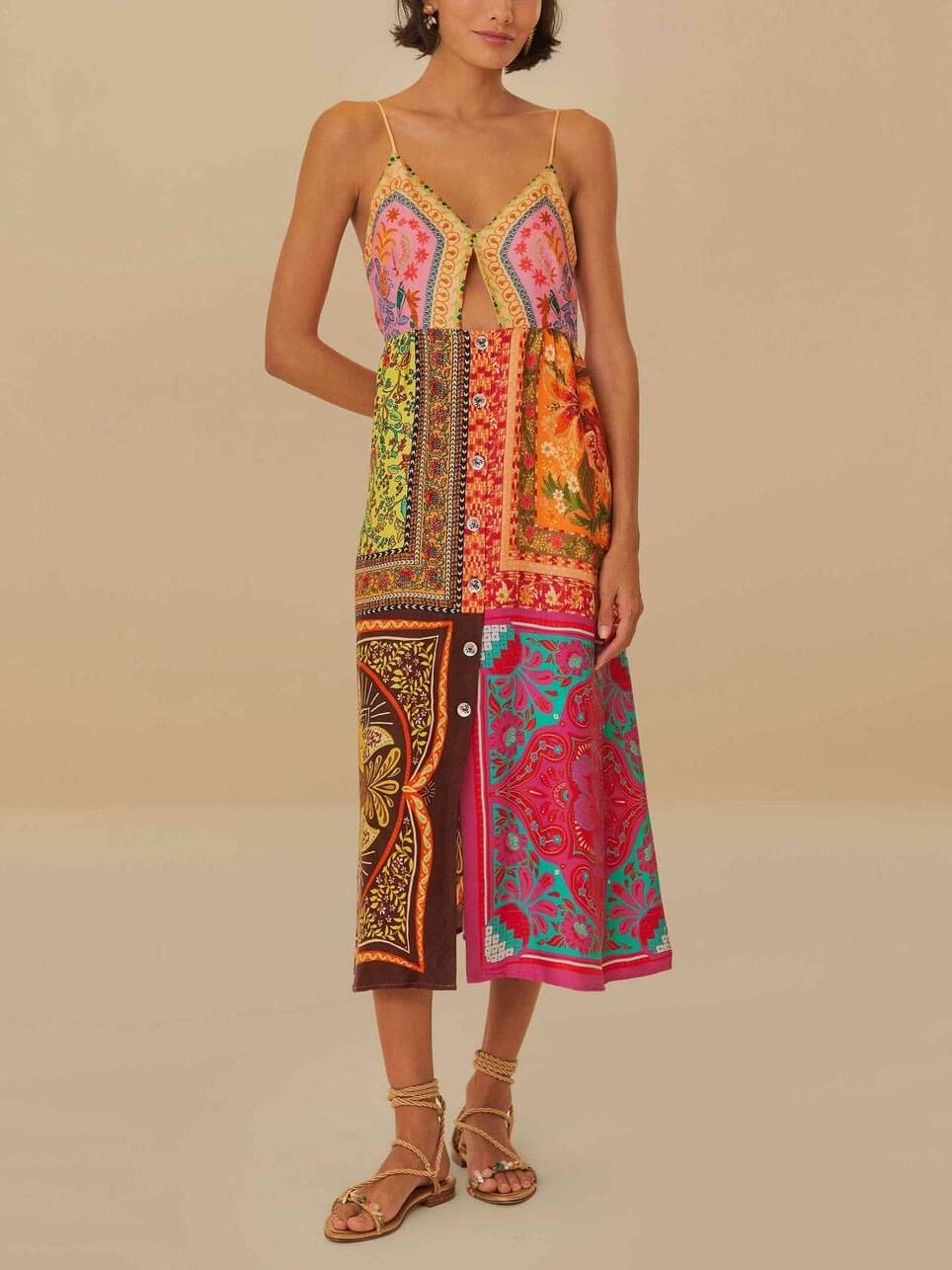 Bohemian Mosaic - V-Neck Strap Midi Dress - VibeSoothe