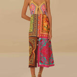 Bohemian Mosaic - V-Neck Strap Midi Dress - VibeSoothe