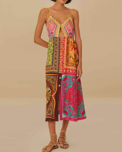 Bohemian Mosaic - V-Neck Strap Midi Dress - VibeSoothe