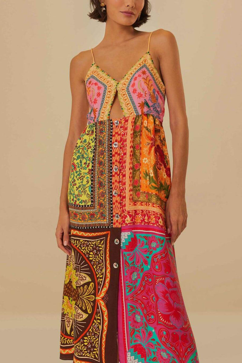 Bohemian Mosaic - V-Neck Strap Midi Dress - VibeSoothe