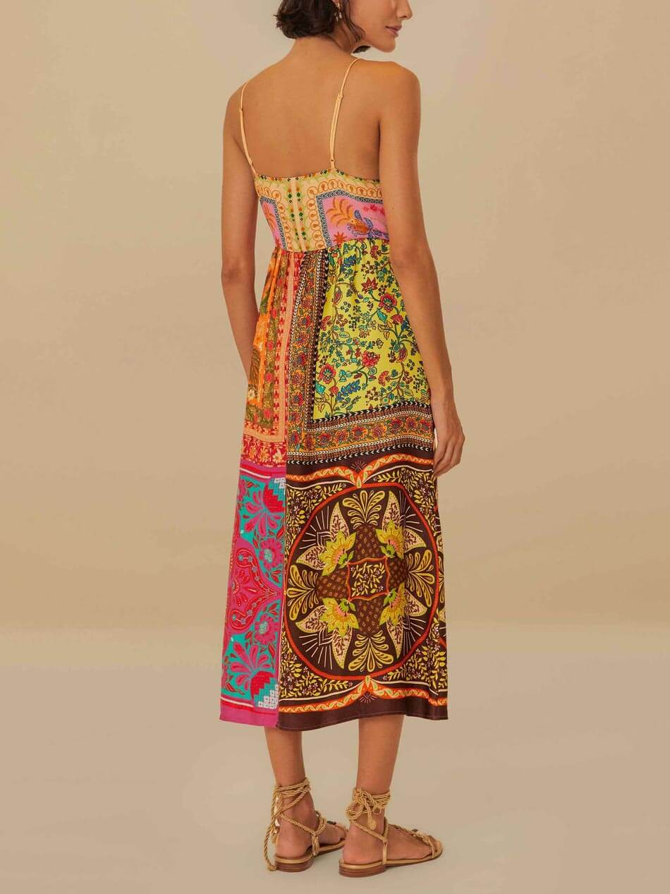 Bohemian Mosaic - V-Neck Strap Midi Dress - VibeSoothe