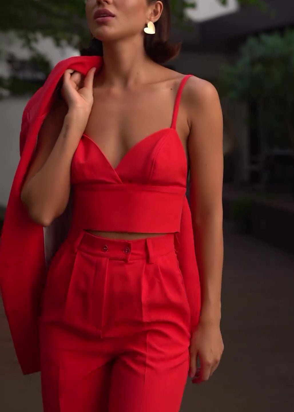 Bold Red Three-Piece Suit with Camisole & High-Waisted Pants