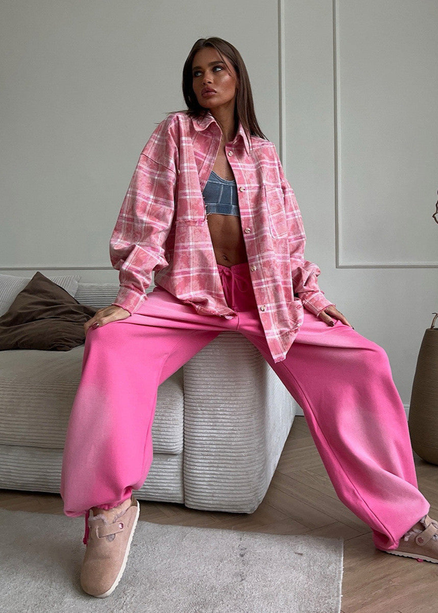 Rowena - Distressed Pink Plaid Oversized Shirt