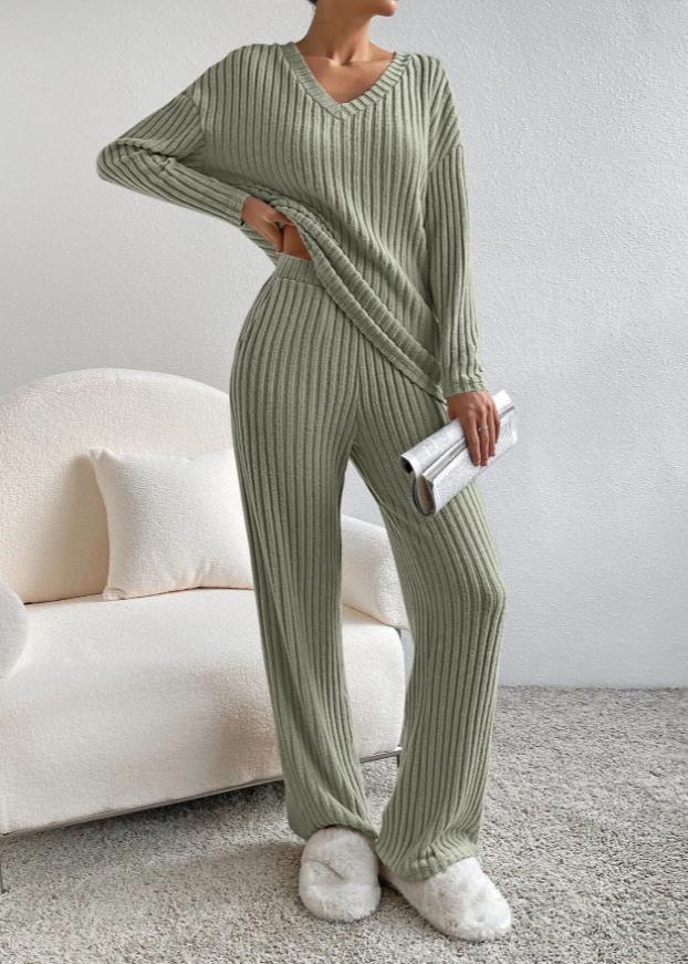 Luxe Geribbelde V-hals Loungewear Set