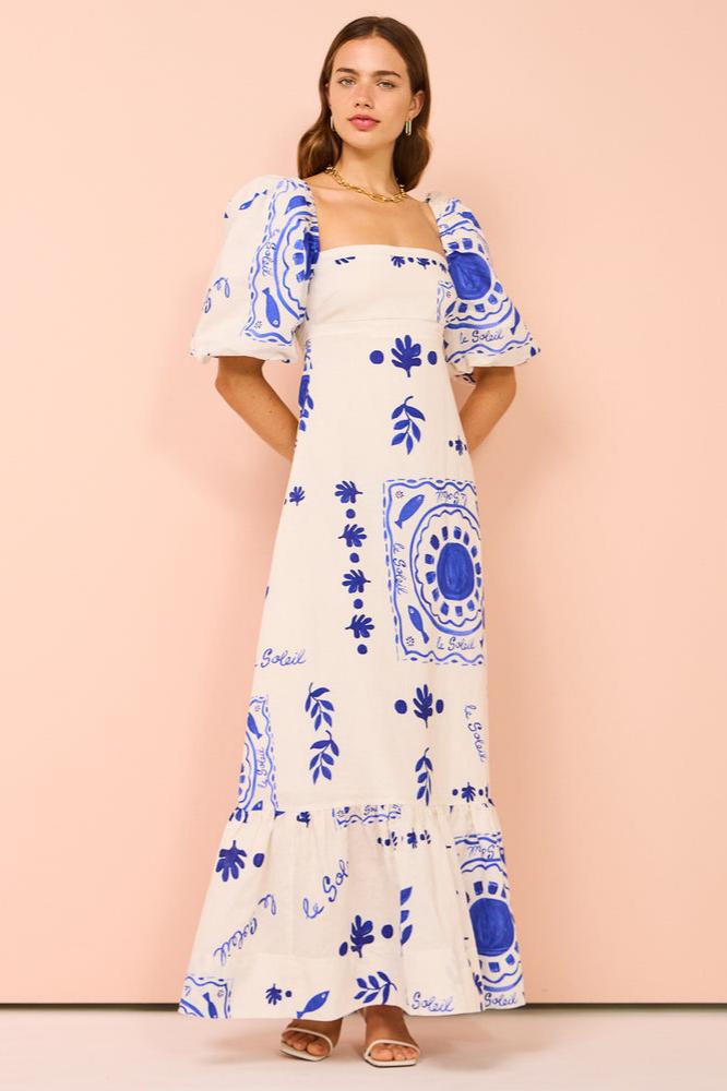 Robe midi méditerranéenne à manches bouffantes