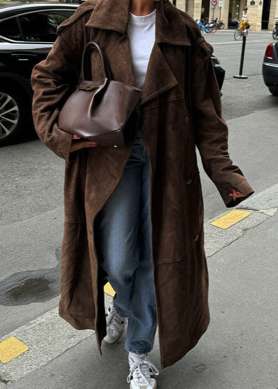 Abrigo largo tipo gabardina con cinturón de ante – Chaqueta marrón sobredimensionada de doble botonadura