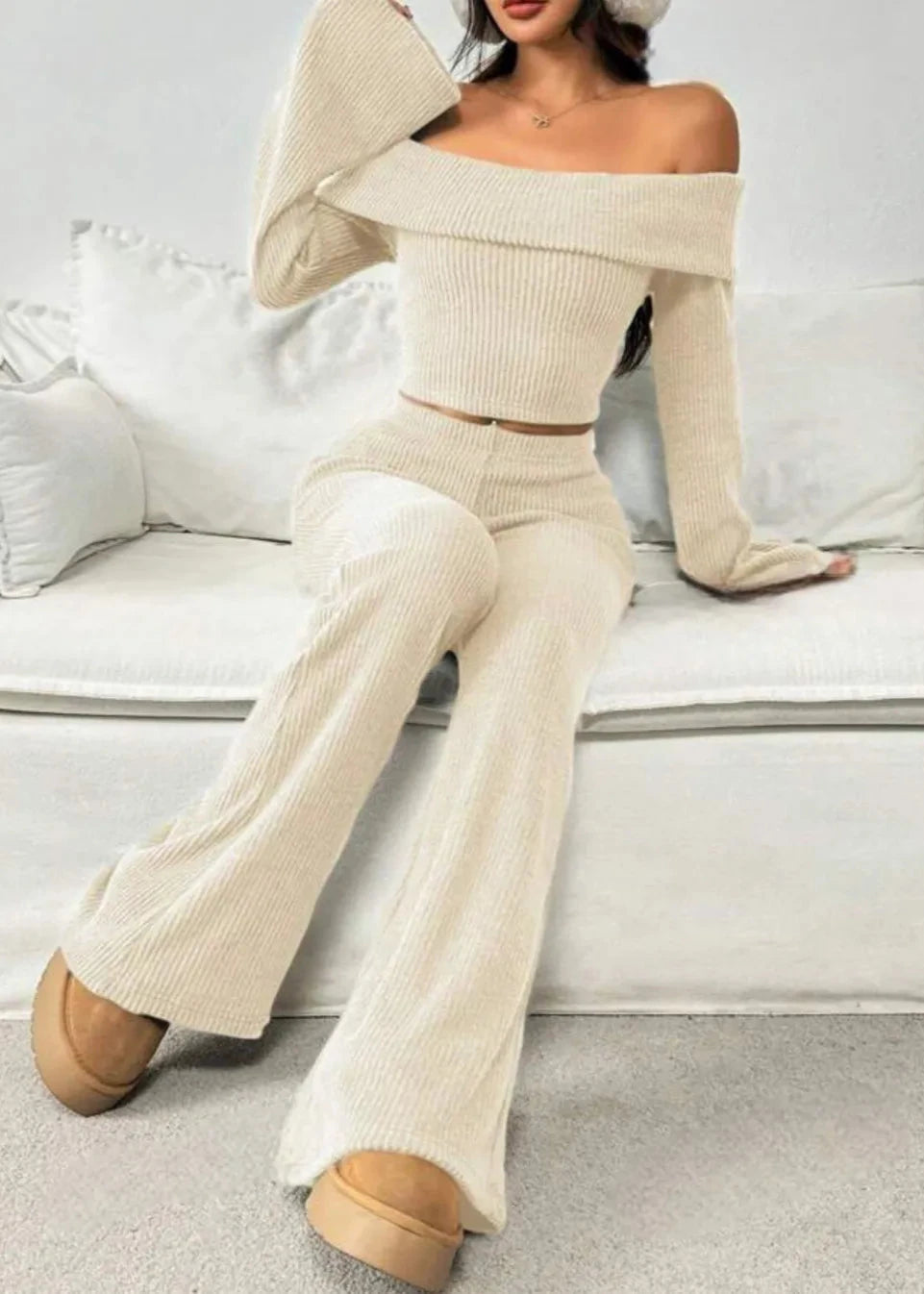 Off-the-Shoulder Ribbed Knit Lounge Set