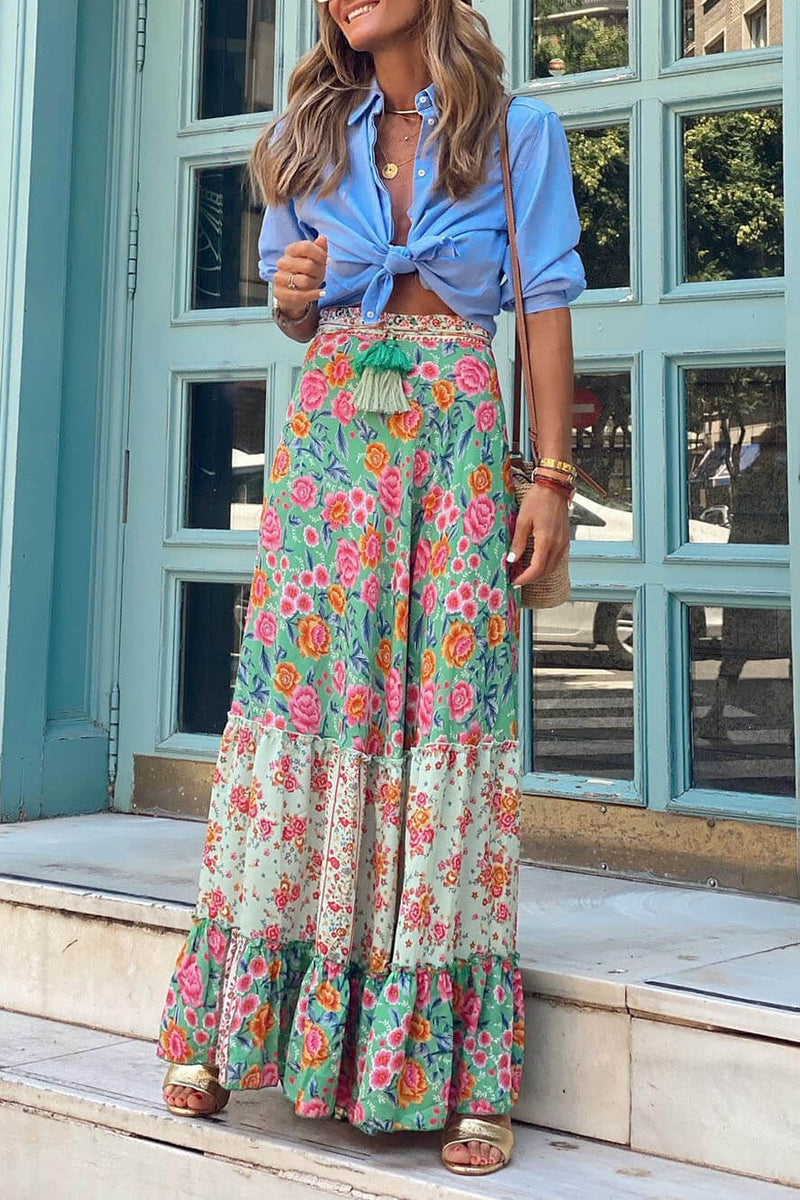 Boho Blossom - Floral Print Tassel Maxi Skirt - VibeSoothe