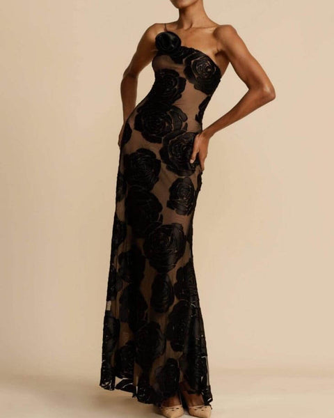 Rose Flower Three-Dimensional Burnt Flower Maxi Dress