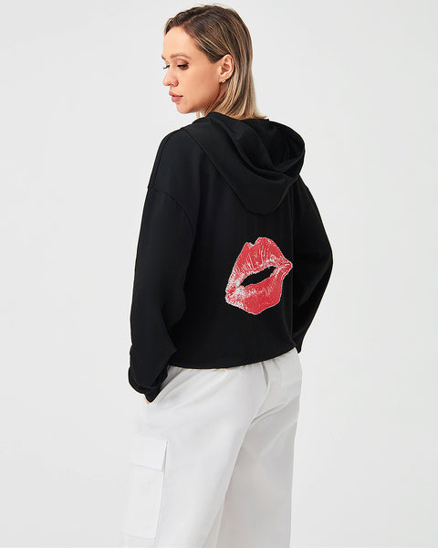 Solid Color Red Lip Print Stylish Loose-fitting Hoodie