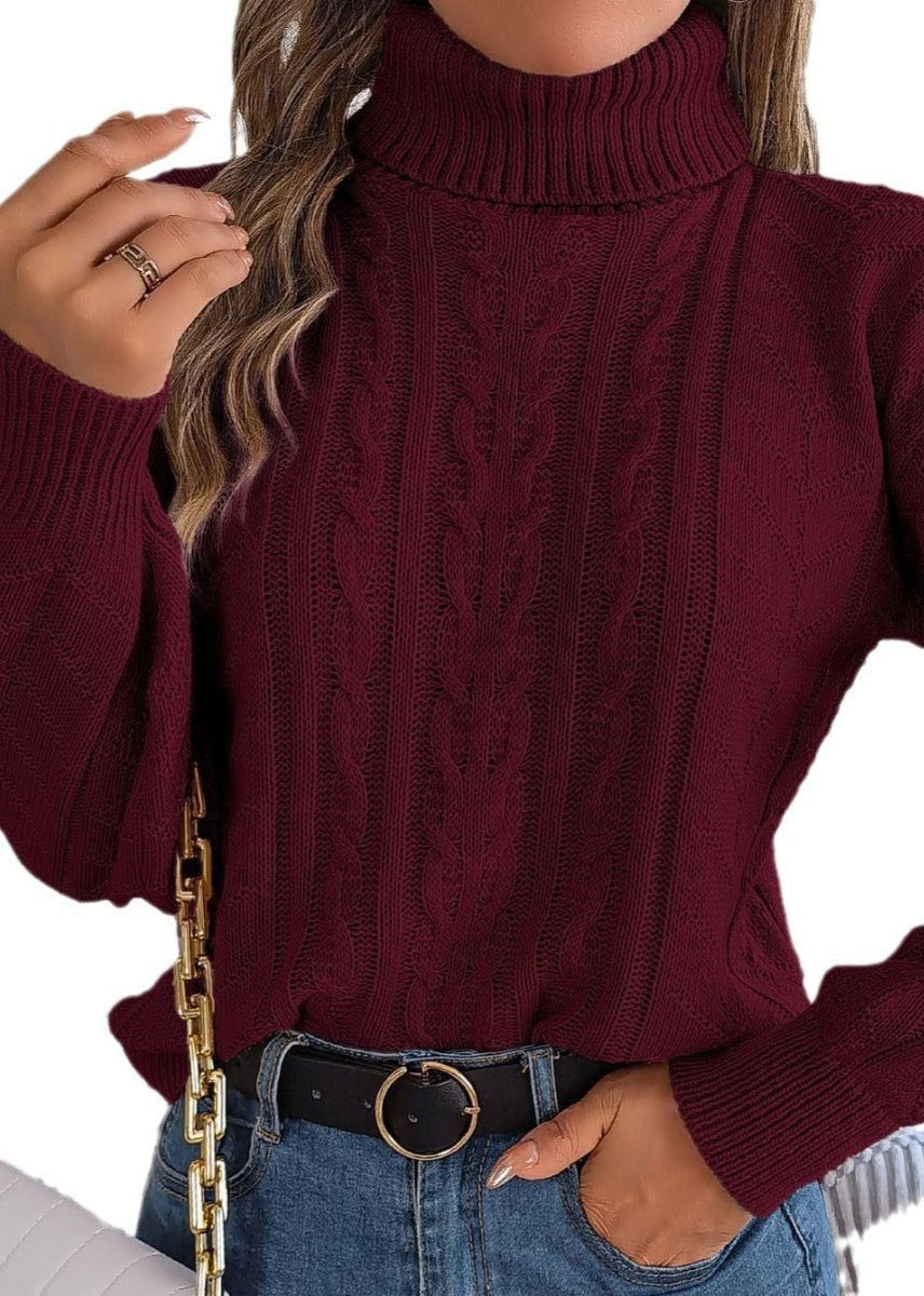 Loose High Collar Twist Long Sleeve Knitted Pullover Sweater