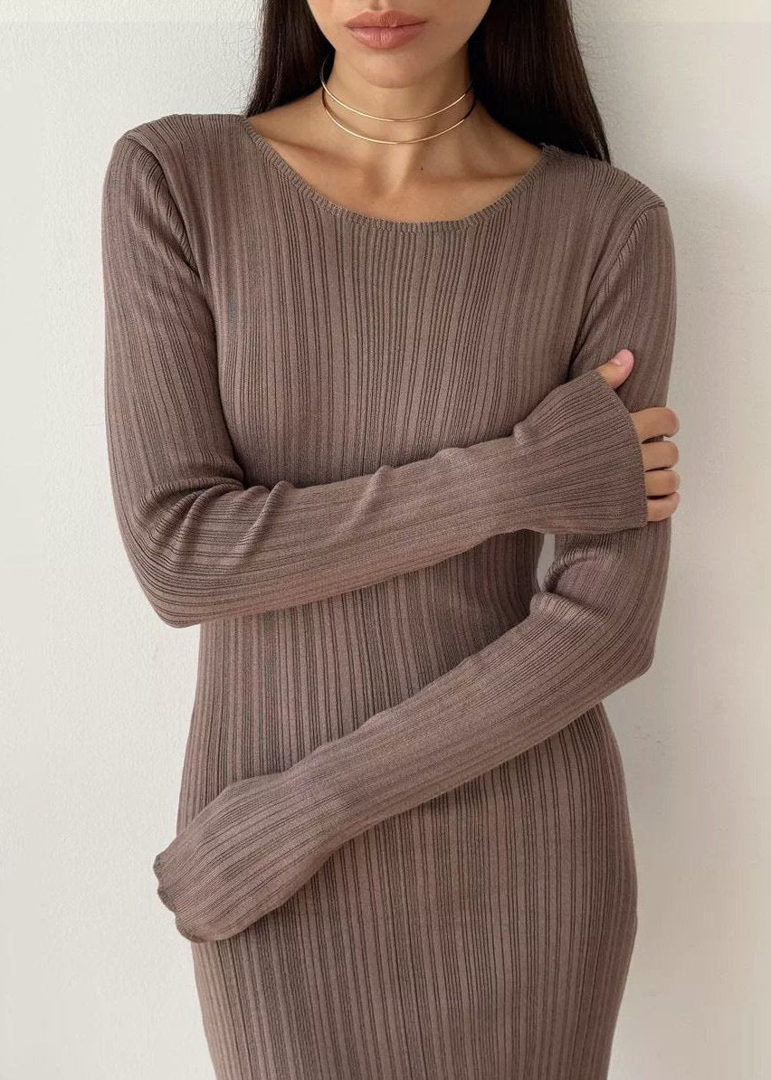 Elegant Ribbed Knit Long Sleeve Dress