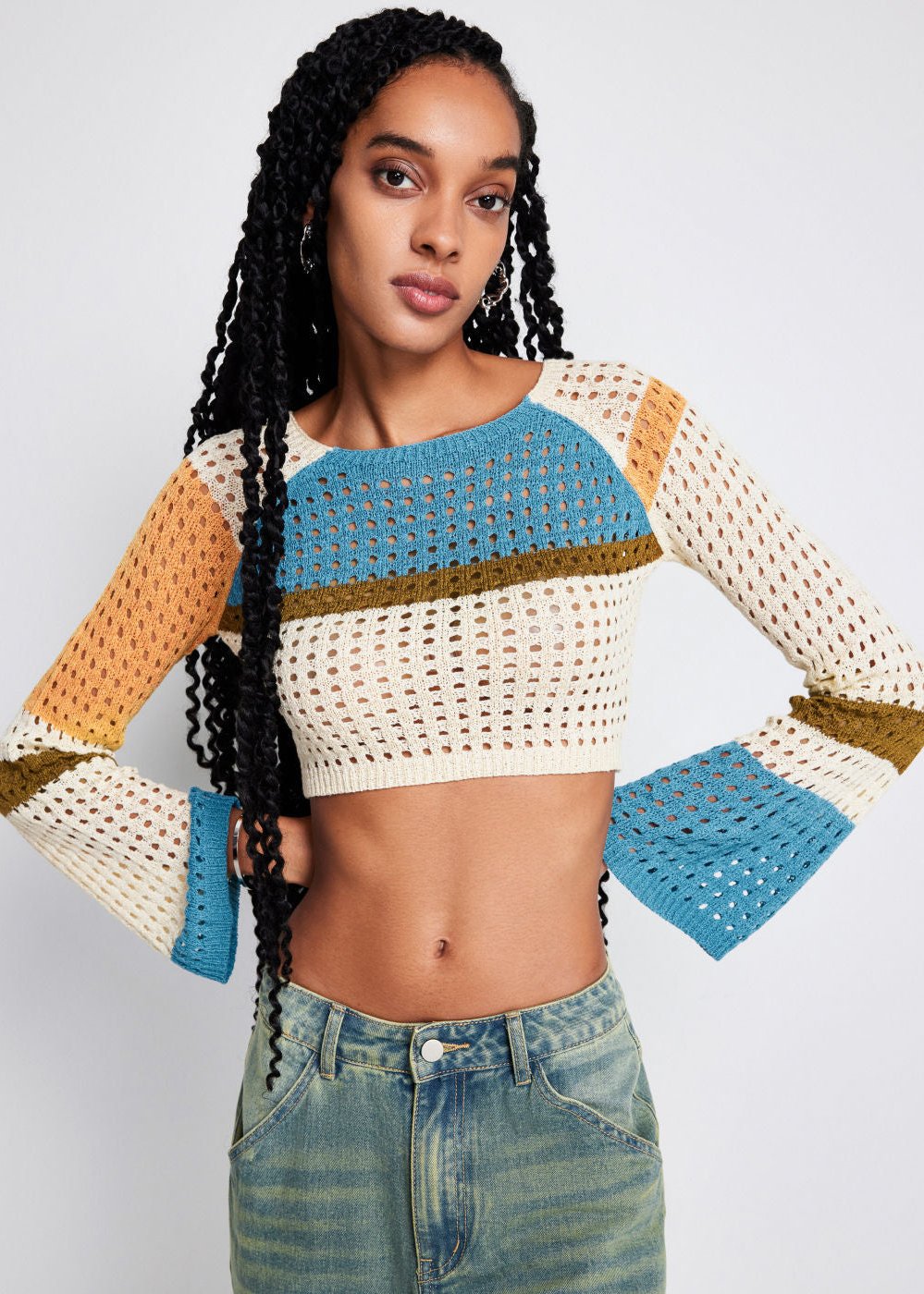 Contrasting Color Stitching Long -sleeved Hollow Sweater - VibeSoothe