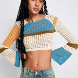 Contrasting Color Stitching Long -sleeved Hollow Sweater - VibeSoothe