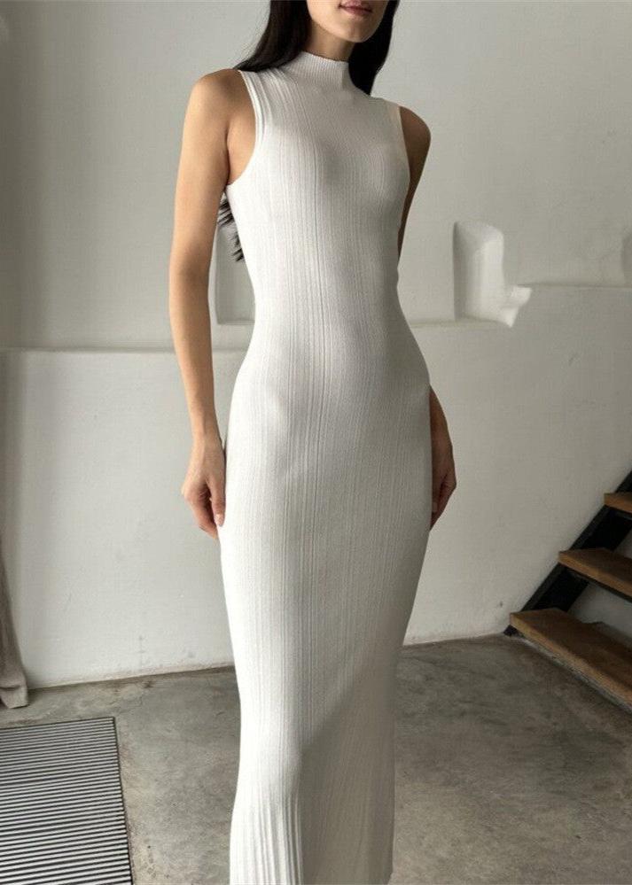 Ivory Ribbed Sleeveless Midi Dress