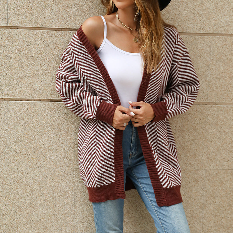 Loose Long Coat Sweater Women's Stripes