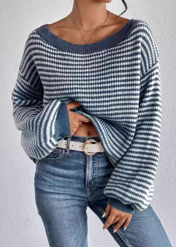 Women's Off-neck Shoulder-baring Sweater Contrast Color - VibeSoothe