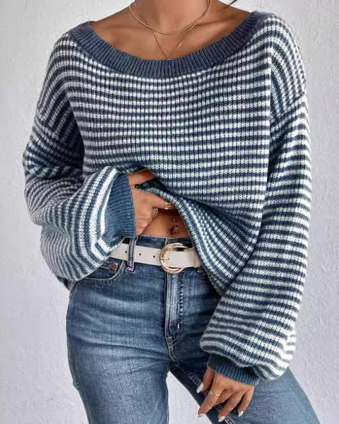 Women's Off-neck Shoulder-baring Sweater Contrast Color - VibeSoothe