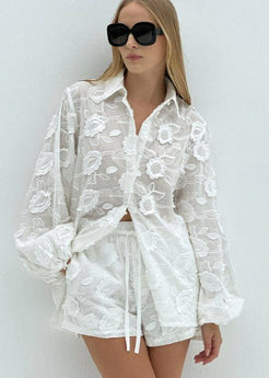 Floral Breeze - Sheer EmbroideRed Shirt & High-Waist Shorts Set