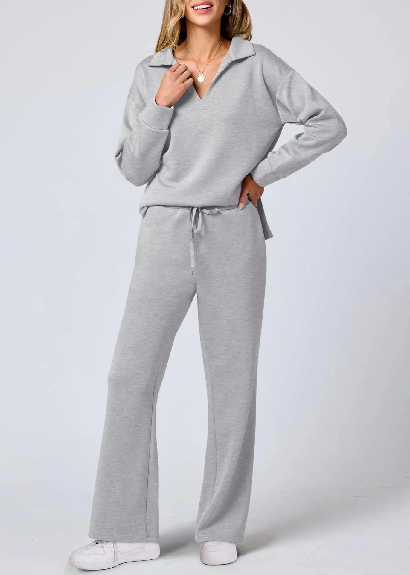 Ontspannen Kraag Pullover & Wijde Pantalon Set