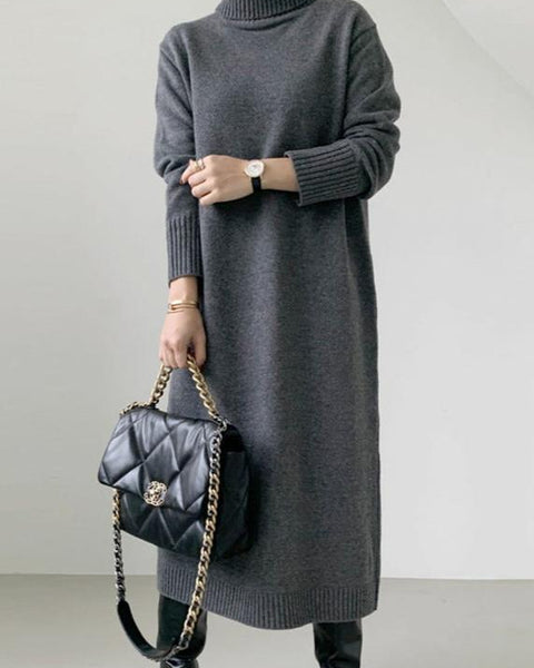 Timeless Elegance - High Collar Wool Sweater Dress