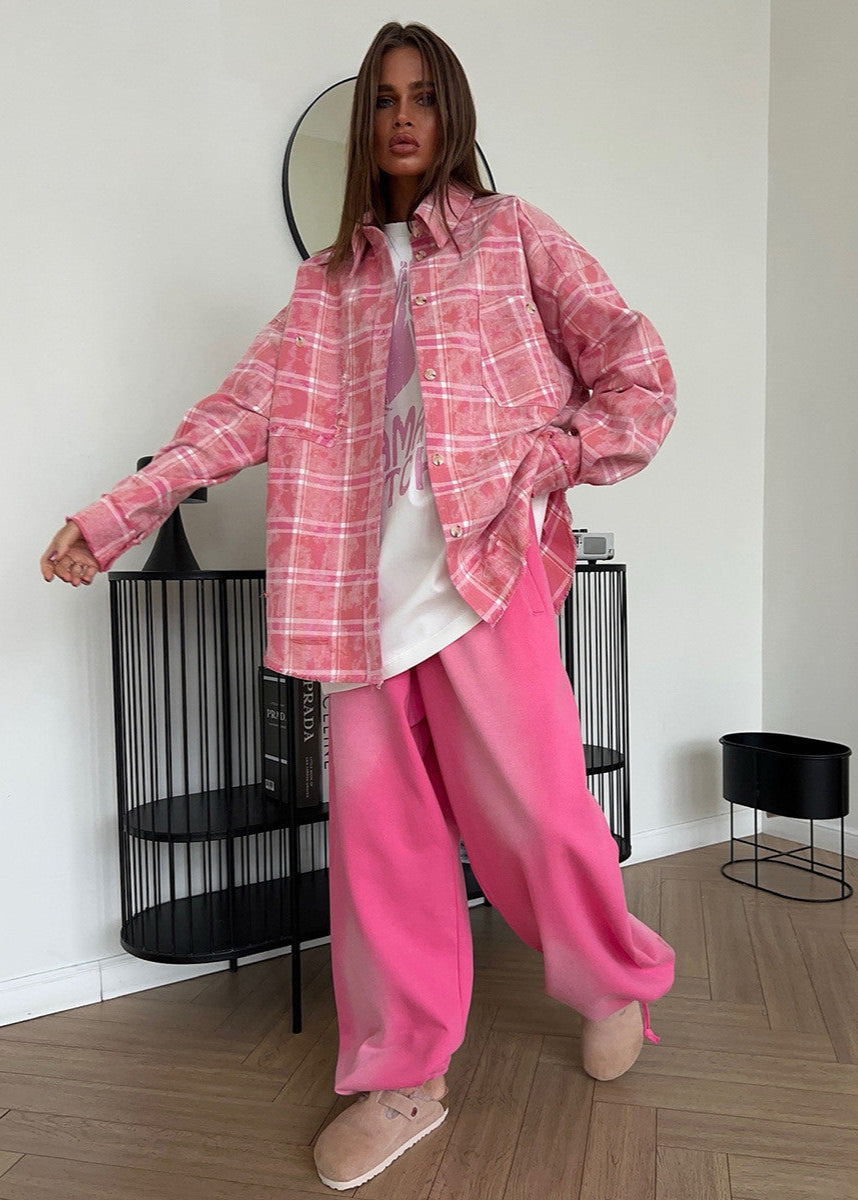 Rowena - Distressed Pink Plaid Oversized Shirt