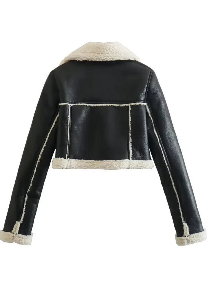 Luxe Sherpa Trim Leather Jacket - Short Zippered Style