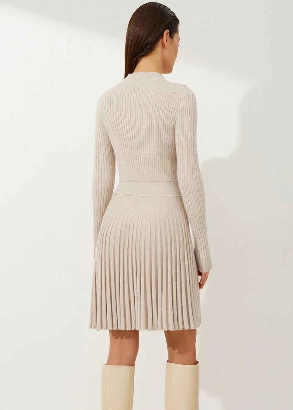 Elegant Ribbed Pleated Knit Dress - Half Turtleneck Long Sleeve