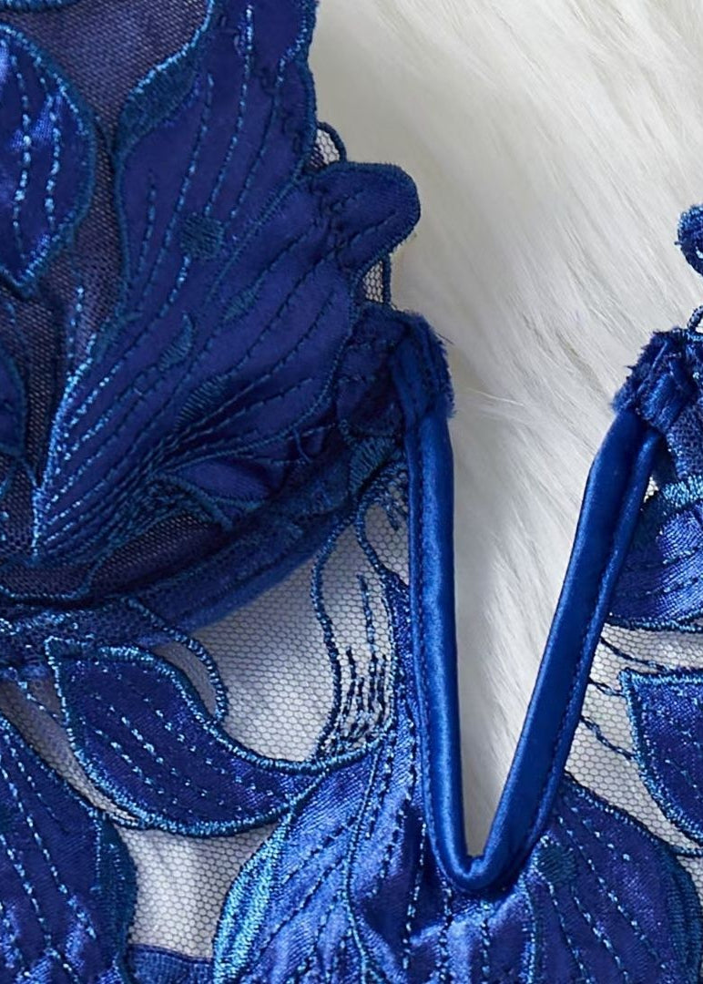 Azure Bloom - Embroidered Mesh Lingerie Set