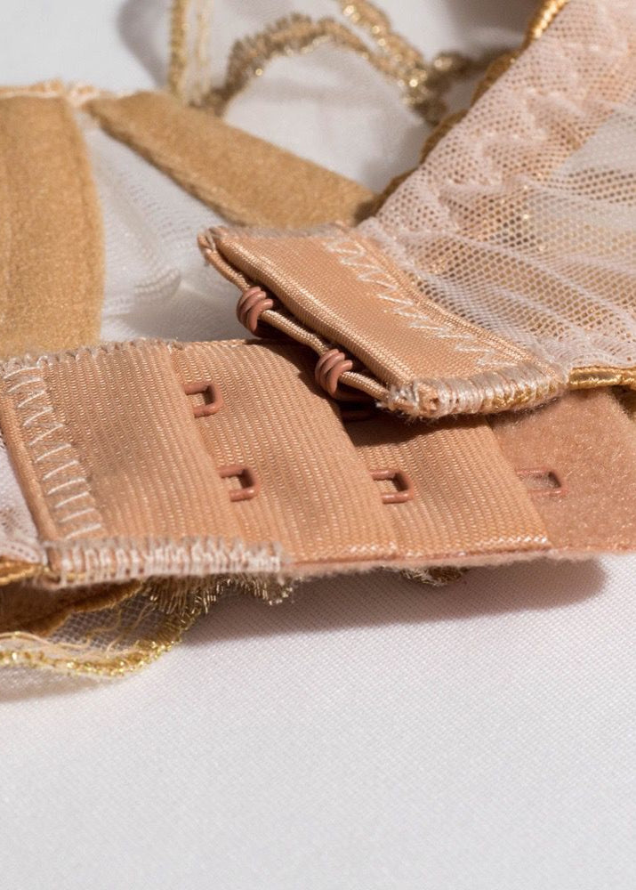 Golden Lace Three-Piece Lingerie Set – Sheer Bra, Garter & Thong