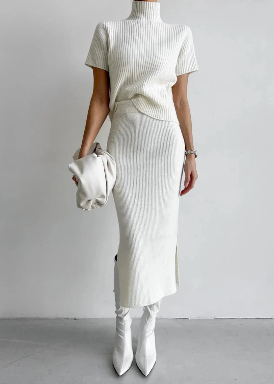 Minimalist Mock Neck Knit Skirt Set