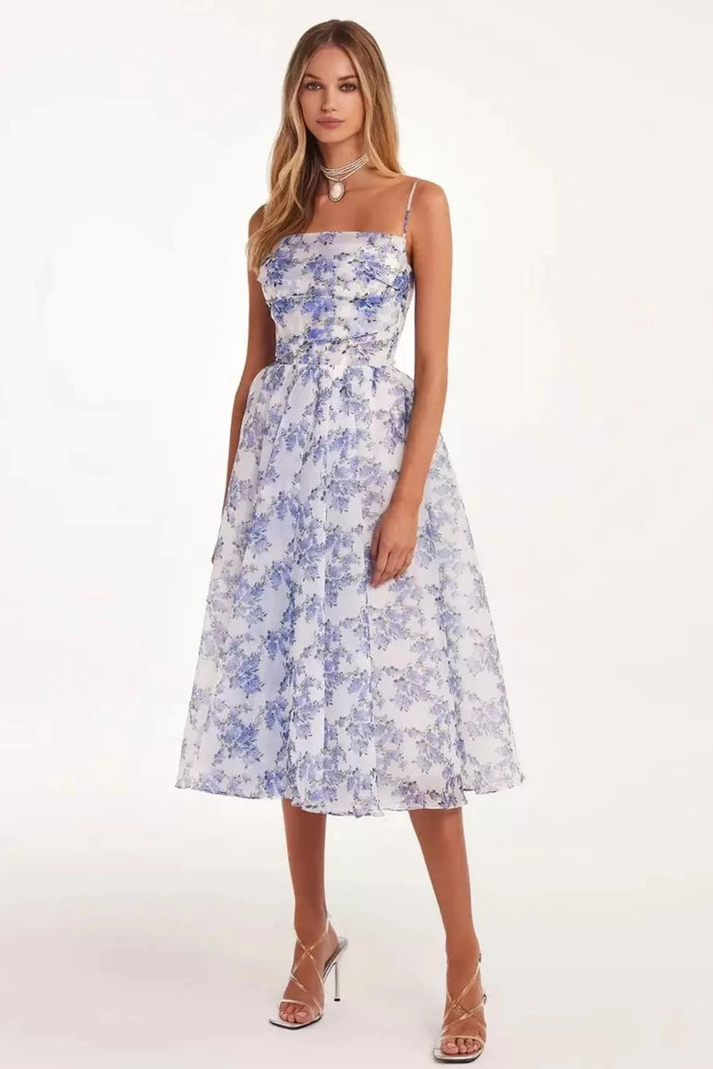 Hydrangea Haven - Robe midi rêveuse à bretelles spaghetti 