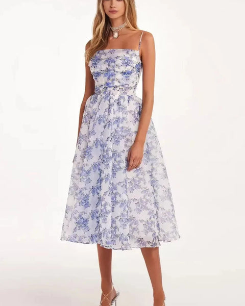 Hydrangea Haven - Robe midi rêveuse à bretelles spaghetti 