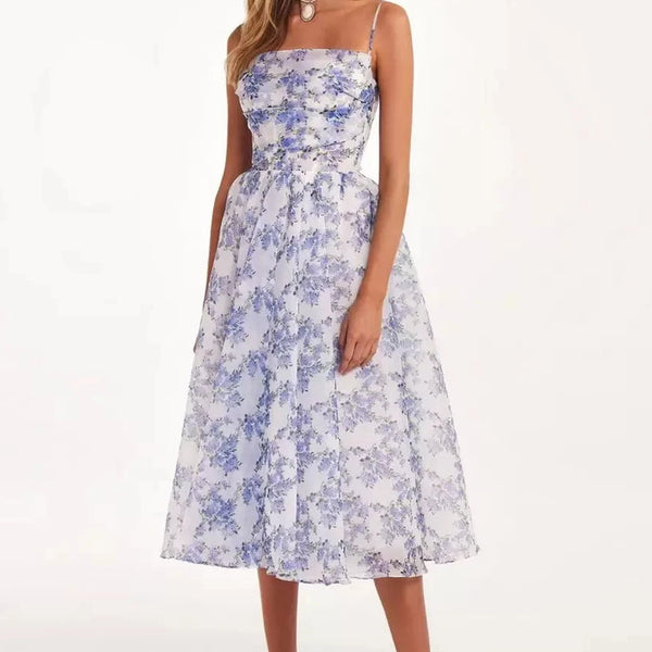 Hydrangea Haven - Robe midi rêveuse à bretelles spaghetti 